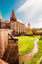 Corvin Castle With Wooden Bridge, Hunedoara, Hunyad Castle,  Transylvania, Romania, Europe.