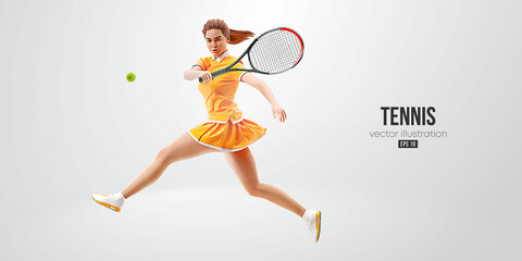 Realistic silhouette of a tennis player on white background. Tennis player woman with racket hits the ball. Vector illustration