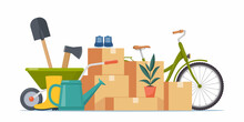 Thigs Arranged On The Floor - House Plant, Boxes, Bike, Clothes. Flea Market Old Stuff Clutter. Various Household Things. Vector Illustration.