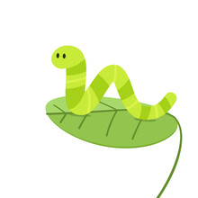 Green Worm Vector. Worm Cartoon Vector. Free Space For Text. Green Worm On The Leaf.