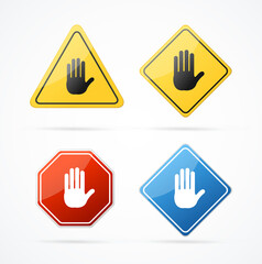 Wall Mural - Realistic Detailed 3d Stop Signs Set with Stop Hand Gesture. Vector