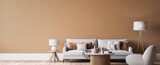 Fototapeta  - White sofa in beige interior background, minimal wooden style, panorama, 3d render