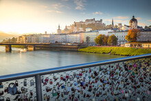 Salzburg From Chains Bridge At Golden Sunrise – Austria