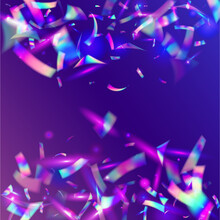 Falling Sparkles. Bright Art. Blur Banner. Flying Foil. Light Background. Bokeh Effect. Shiny Celebrate Sunlight. Blue Retro Texture. Purple Falling Sparkles