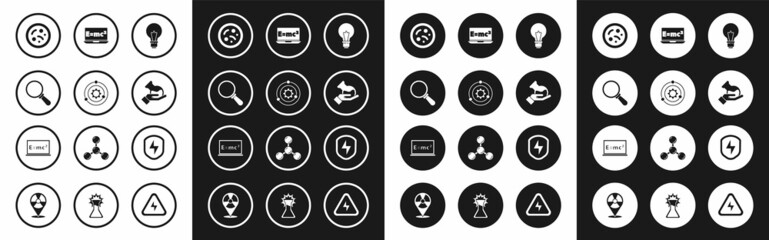 Sticker - Set Light bulb with concept of idea, Solar system, Magnifying glass, Bacteria, Test tube and flask, Equation solution, Secure shield lightning and icon. Vector