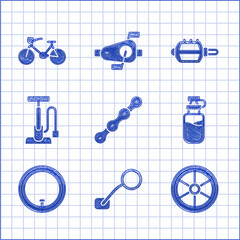 Wall Mural - Set Bicycle chain, rear view mirror, wheel, Sport bottle with water, air pump, pedal and icon. Vector