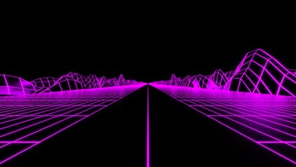 Wall Mural - retro-style virtual road. design. cyber animation with neon road and mesh hills. futuristic animatio