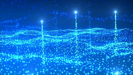 Wall Mural - Cinematic blue moving particles with flying shapes. Motion. Universe dust with stars background.