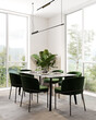 Stylish dining room with forest view, 3d rendering