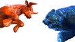 Orange-Blue painted bull and bear sculpture staring at each other in dramatic contrasting light representing financial market trends under white background. Concept images of stock market. 3D CG.
