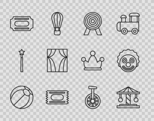 Wall Mural - Set line Beach ball, Attraction carousel, Target, Circus ticket, curtain raises, Unicycle or one wheel bicycle and Clown head icon. Vector