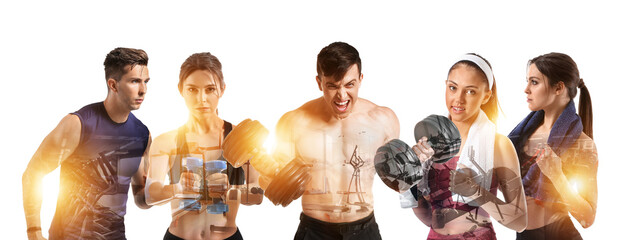 Wall Mural - Double exposure of sporty people and modern gym on white background