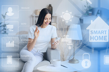 Wall Mural - Woman with mobile phone using application of smart home automation in room