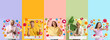 Leinwandbild Motiv Group of happy young bloggers on color background