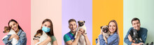 Set Of People With Cute Dogs On Colorful Background. Friendship Day