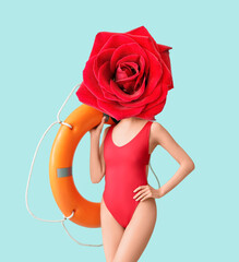 Sticker - Woman with rose flower instead of her head and in swimsuit holding lifebuoy on light blue background