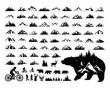 Vintage Mountain Adventure Camping Bear Bike Deer Nature Mountains Hill Landscape Silhouette Logo Vector Illustration Set