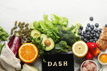 Poster - Dash flexitarian mediterranean diet on light background.