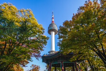 Seoul Tower And Colorful Leaves At Seoul, South Korea In Autumn