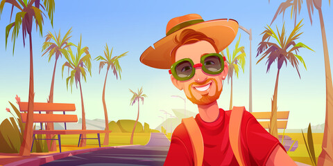 Young man tourist with backpack posing for photo at tropical landscape with highway, palm trees and benches. Traveler wear hat and glasses at summer travel tour on holidays Cartoon vector illustration