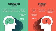 Growth Mindset Vs Fixed Mindset Vector For Slide Presentation Or Web Banner. Infographic Of Human Head With Brain Inside And Symbol. The Difference Of Positive And Negative Thinking Mindset Concepts.