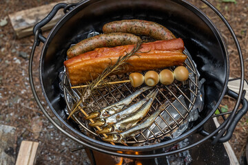 Wall Mural - 手作り燻製　Homemade smoked food at the campsite