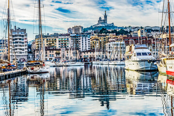 Wall Mural - Yachts Boats Waterfront Reflection Church Marseille France