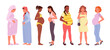 © Natalia - Pregnant women set vector illustration. Cartoon diverse group of female characters with different ethnicity and pregnancy, future mothers with belly wear casual clothes, underwear isolated on white