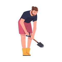 Sticker - Man Character with Shovel or Spade Engaged in Soil Digging for Planting Tree Sapling Vector Illustration