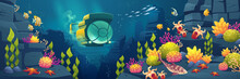 Underwater Sea Landscape With Submarine, Fish, Corals, Marine Plants And Animals. Vector Cartoon Illustration Of Tropical Ocean Bottom Scene With Bathyscaphe, Seaweed, Aquatic Fauna