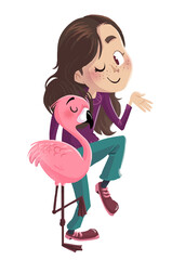 Wall Mural - Children's illustration of a little girl with a flamingo