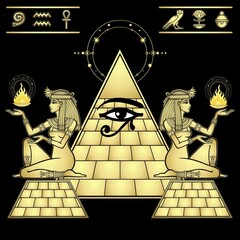 Mystical color drawing: girls priests guard the Egyptian pyramid. Eye of Horus. Ritual fire, set of hieroglyphs. Vector illustration isolated on a black background. Imitation of gold.