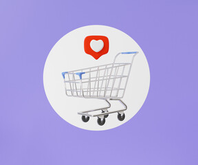 Wall Mural - Heart message with shopping cart floating on purple background. online shopping buying concept. discount, promotion, sale, banner, website. 3d render illustration