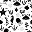 © Алена Шенбель - Seamless pattern of the underwater world. black seahorse, jellyfish, crab and algae on a white background. Fashionable print for textiles and wallpaper.