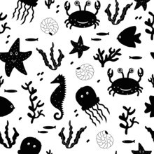 Seamless Pattern Of The Underwater World. Black Seahorse, Jellyfish, Crab And Algae On A White Background. Fashionable Print For Textiles And Wallpaper.