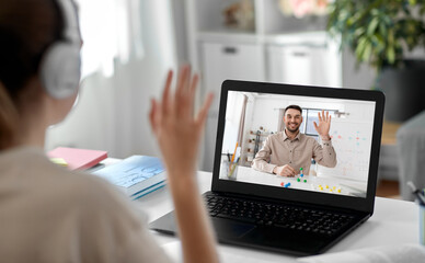 Sticker - school, education and distance learning concept - happy smiling female student with teacher on laptop computer screen having video call or online class at home