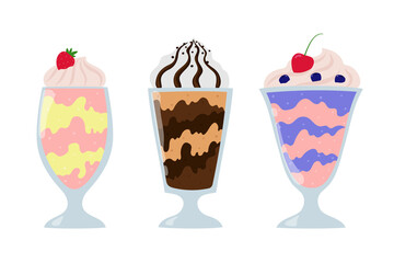 Milkshake collection. Cherry and bilberry, strawberry and banana, chocolate milkshake. Cartoon summer desserts with cream.