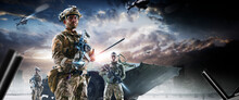 Soldier Special Forces On A Futuristic Background. Military Concept Of The Future.