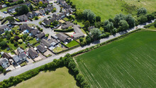 Aerial View Of British Countryside Village At A6 Bedfordshire Near Luton England UK
