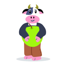 Cute Cow Farmer Holding A Big Apple, Attractive Cartoon Animal Dressed In Human Clothes. Vector Illustration