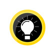 Light bulb on round button badge. Vector icon for quick tip, ideas, problem solution, did you know and fun fact template. Flat design cartoon style illustration.