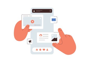 Wall Mural - ui ux design of mobile phone application. hands creating abstract social media app interface, making