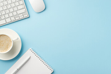 business concept. top view photo of workspace keyboard computer mouse open planner pen and cup of fr