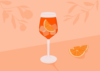 Wall Mural - Classic Aperol Campari Spritz Cocktail in glass with ice and slice of orange. Summer Italian aperitif. Retro minimal horizontal banner. Alcoholic beverage and orange tree branches. Vector illustration