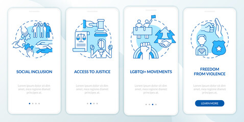 LGBT community programs blue onboarding mobile app screen. Walkthrough 4 steps editable graphic instructions with linear concepts. UI, UX, GUI template. Myriad Pro-Bold, Regular fonts used