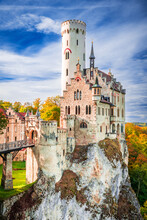 Lichtenstein Castle, Germany - German Heritage With Fairytale Autumn Landmark.