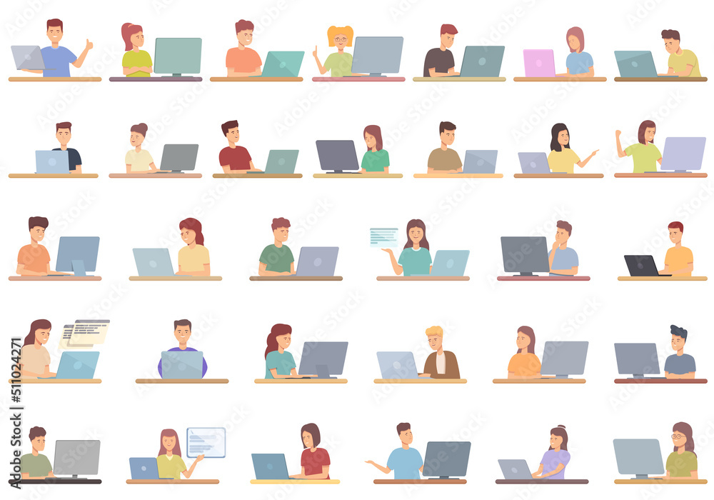 Programming for kids icons set cartoon vector. Tech brain. Computer ...