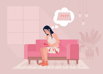 Wall Mural - Lower abdominal pain during menstrual cycle flat color vector illustration. Young woman with painful periods. Fully editable 2D simple cartoon character with cozy living room interior on background