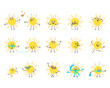 © Екатерина Полякова - Cute sun character with happy or sad emotions, panic, loving or brave face, hands and legs. Person with mask, glasses or hat. Vector flat illustration