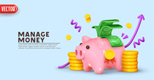 Piggy Bank Money Creative Business Concept. Pink Pig And Pile Gold Coins And Paper Green Dollars. Keep And Accumulate Cash Savings. Safe Finance Investment. Financial Services. Vector Illustration